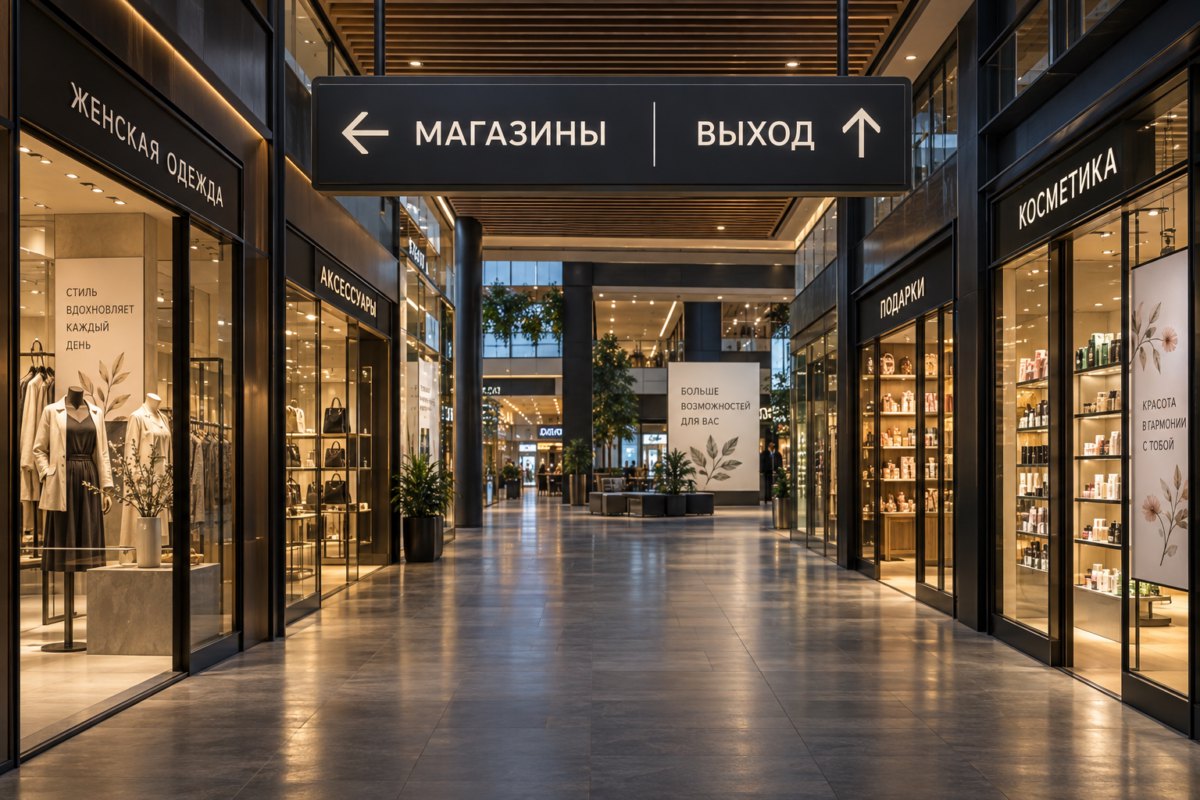 Визуализация интерьера торгового центра с витринами и навигацией «МАГАЗИНЫ» и «ВЫХОД»